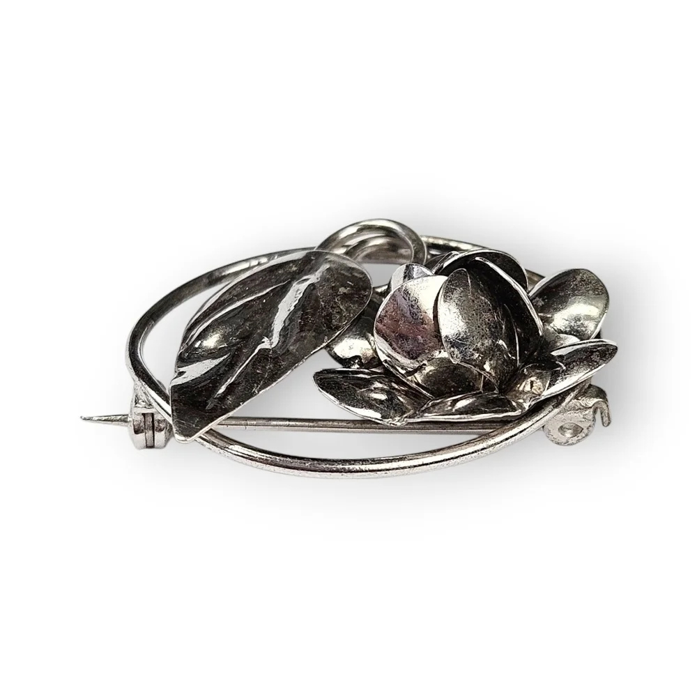 Vintage Sterling Rose Brooch Floral Dimensional Flower 925 Silver 1950s 1.25